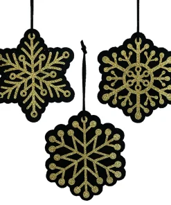 59036 11.5 X 13cm Choice of 3 Black and Gold Snowflake Tree Decorations
