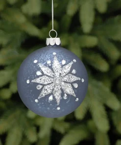 P034614 Festive 8cm matte blue with silver glitter glass bauble