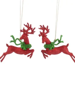 P041735 Festive 16cm Choice of 2 Red and Green Glitter Prancing Deer